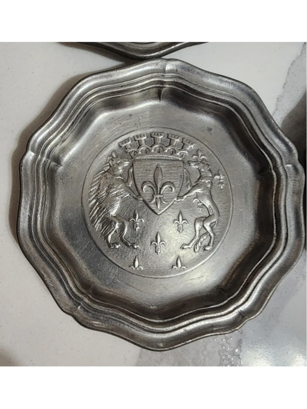Title: Vintage French Pewter Etain d’Art Heraldic Coasters Small Dishes Set of 4